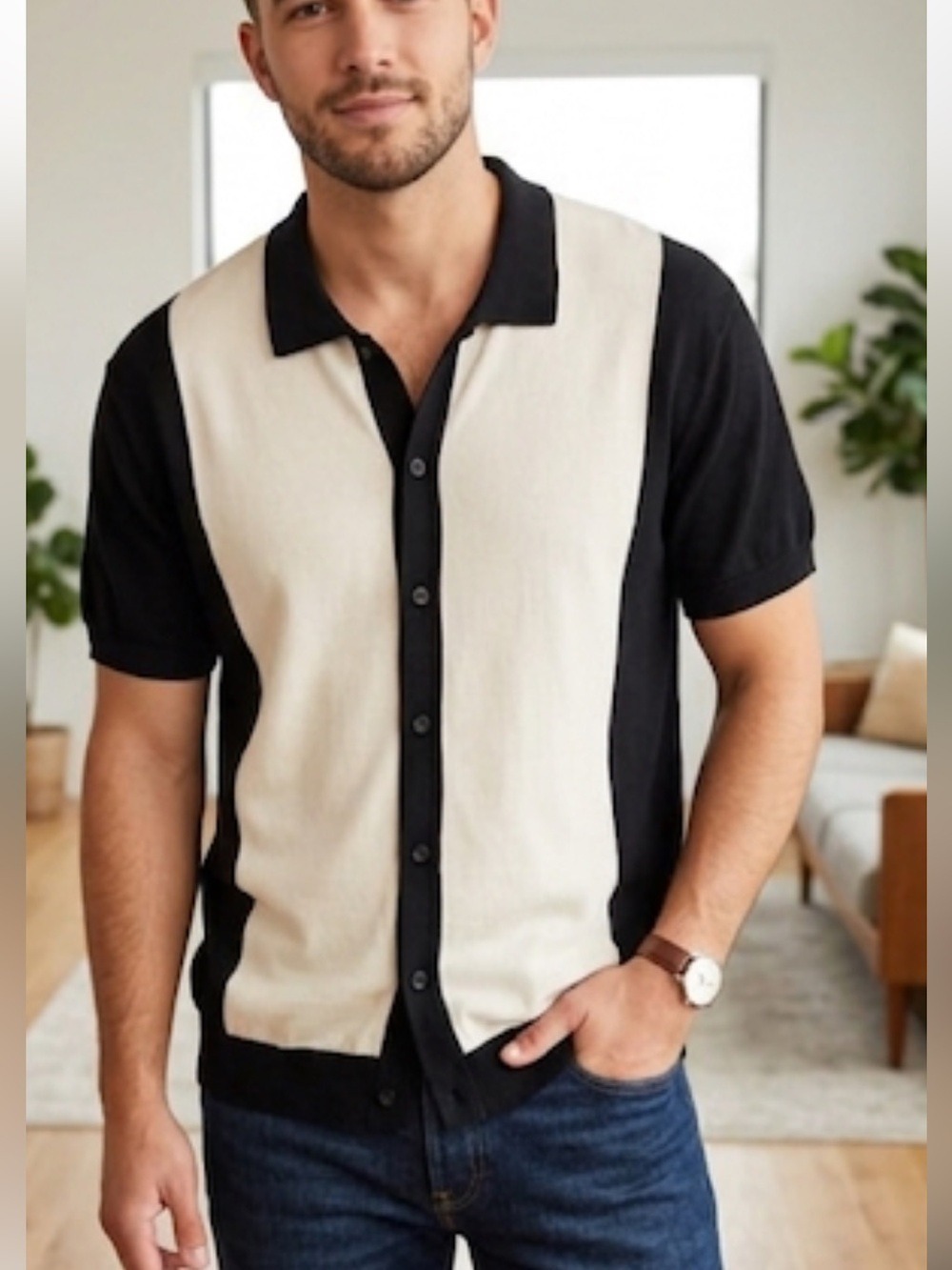 Forever 21 Men’s Black & White Color Block Retro Top — Size Large